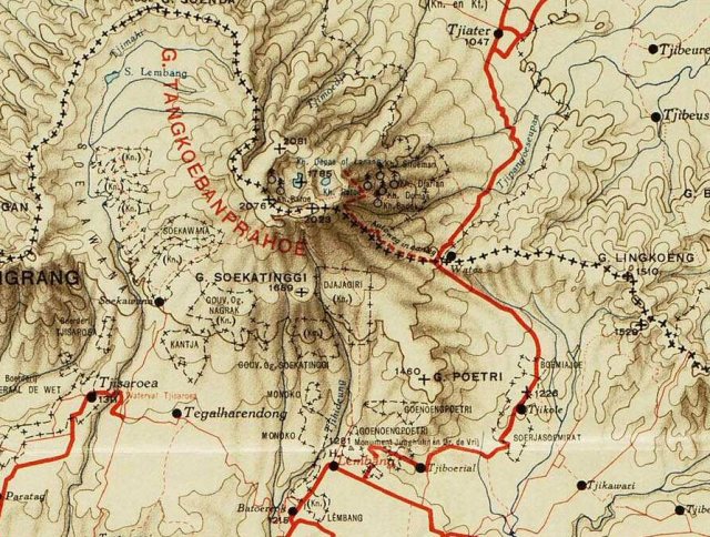 Kaart Tangkoeban Prahoe, jaren ´20, met tracé nieuwe weg.